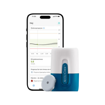 Billede, der forestiller sensoren, applikatoren og en mobiltelefon, som viser CGM-appens skærm