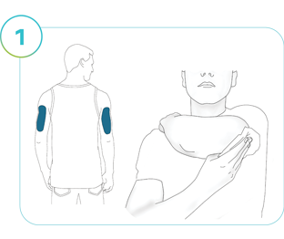 Illustration af trin 1: Påføringssteder, der er markeret på bagsiden af begge arme, en illustration af en person, der aftørrer påføringsstedet.