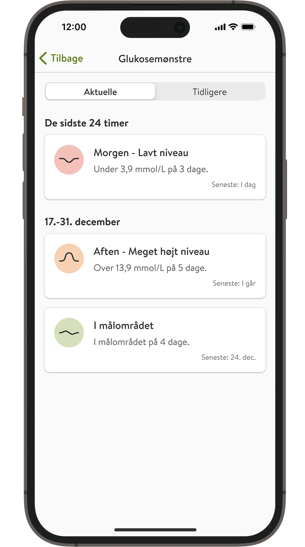 mySugr glukoseindsigter, der viser den ugentlige oversigtsregistrering og de identificerede glukosemønstre, herunder hændelser med lave glukoseniveauer om morgenen, høje niveauer om aftenen og glukosehændelser i målområdet.