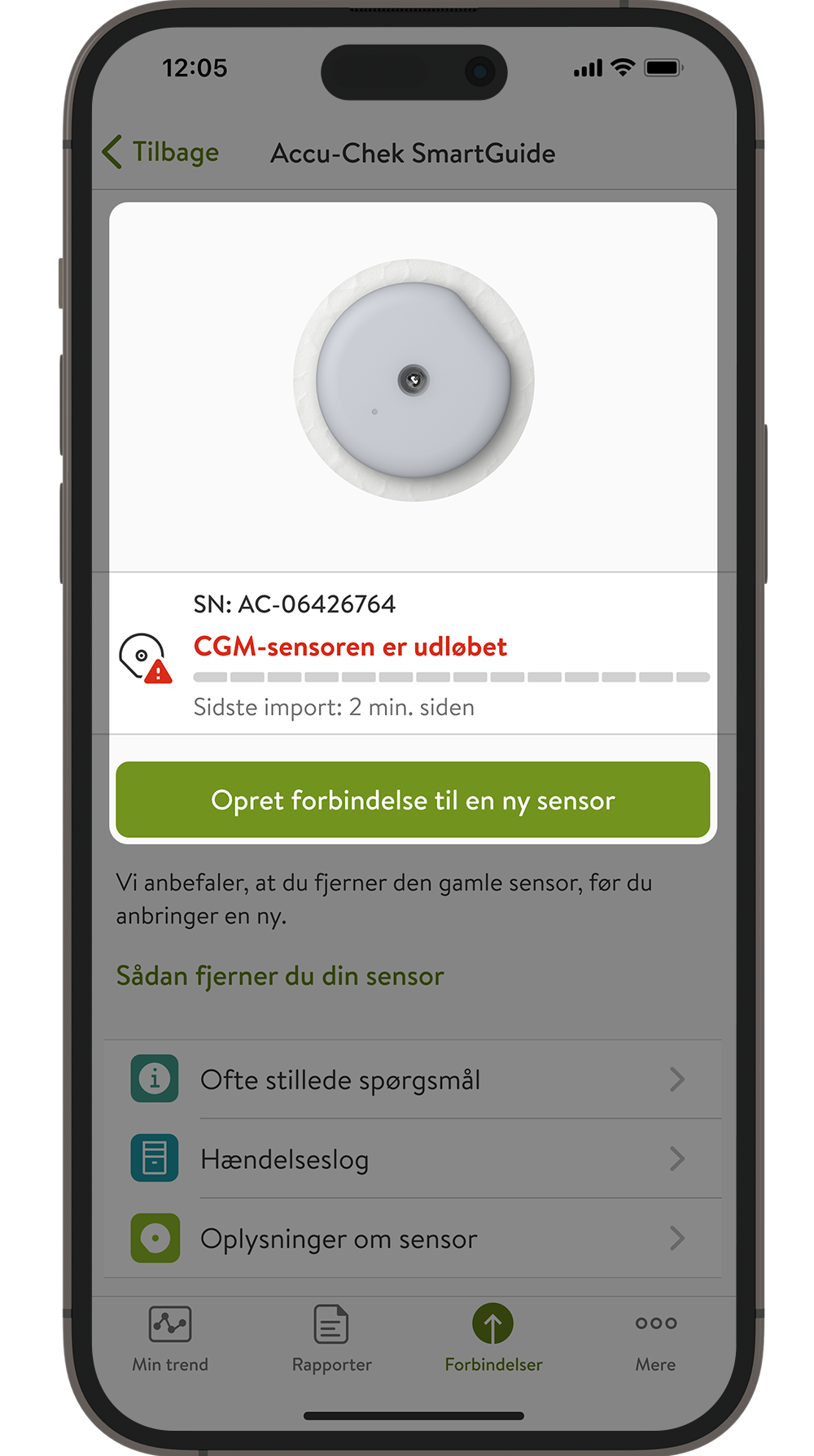 Skærmbillede af appens skærm for udløbet sensor.