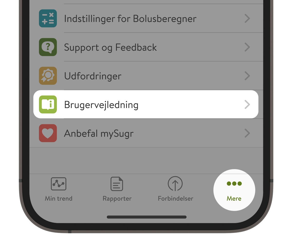 Skærmbillede af afsnittet Hjælp i mySugr app med fremhævning af brugsanvisningen.