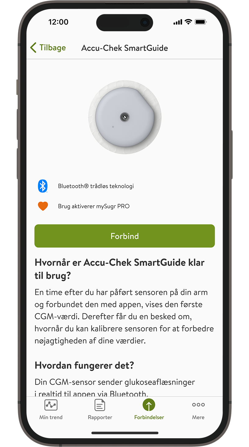 Skærmbillede af skærmen "forbindelse" i mySugr appen.