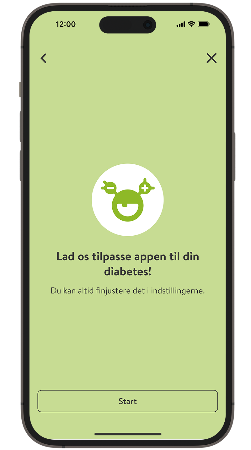  Skærmbillede af mySugr appens startskærm for onboarding.