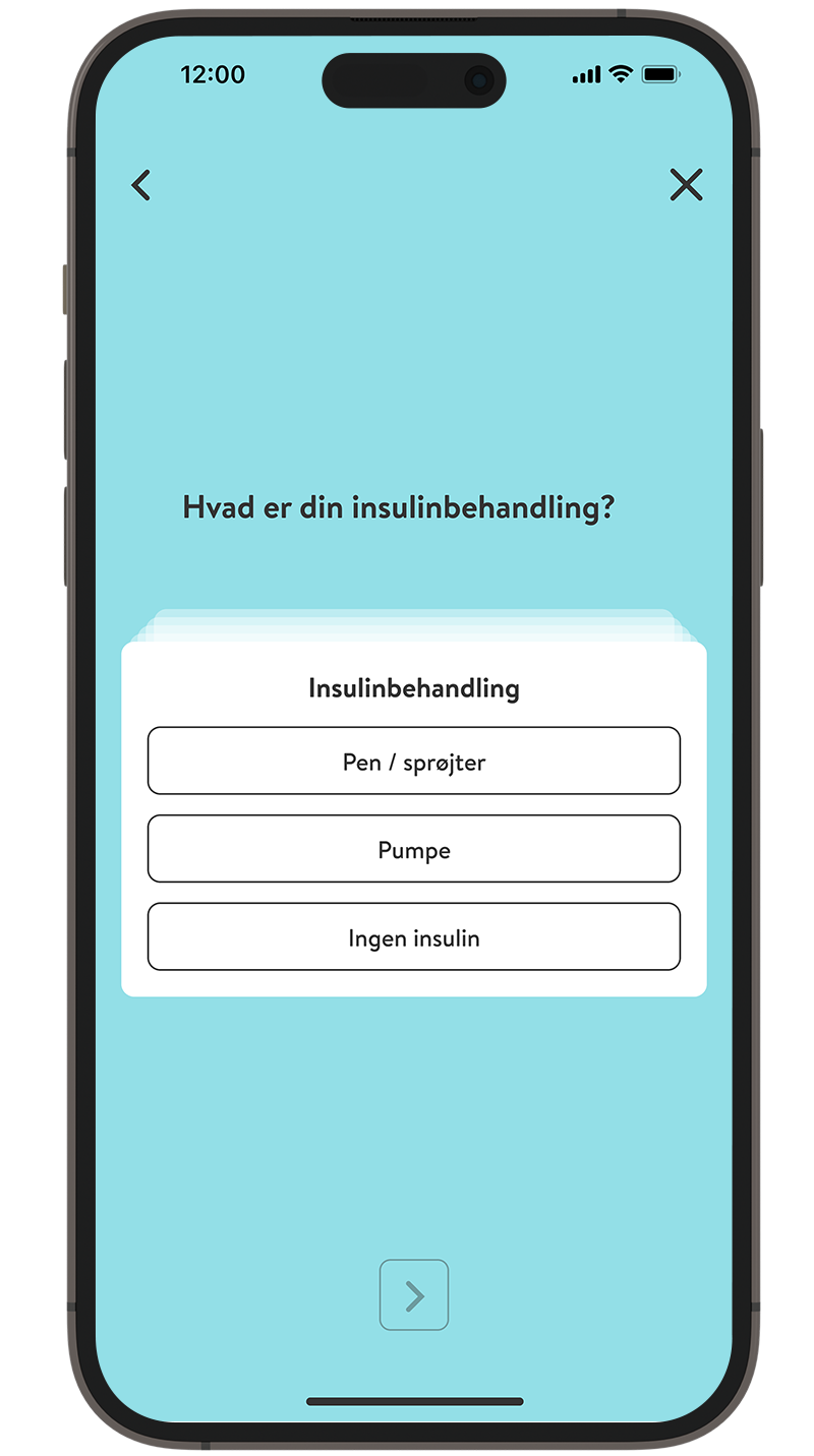  Skærmbillede af mySugr-appens onboarding-proces, der viser insulinbehandling.