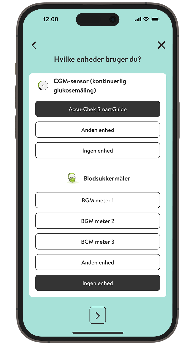 Skærmbillede af mySugr-appens onboarding-proces, vælg insulinenhed.