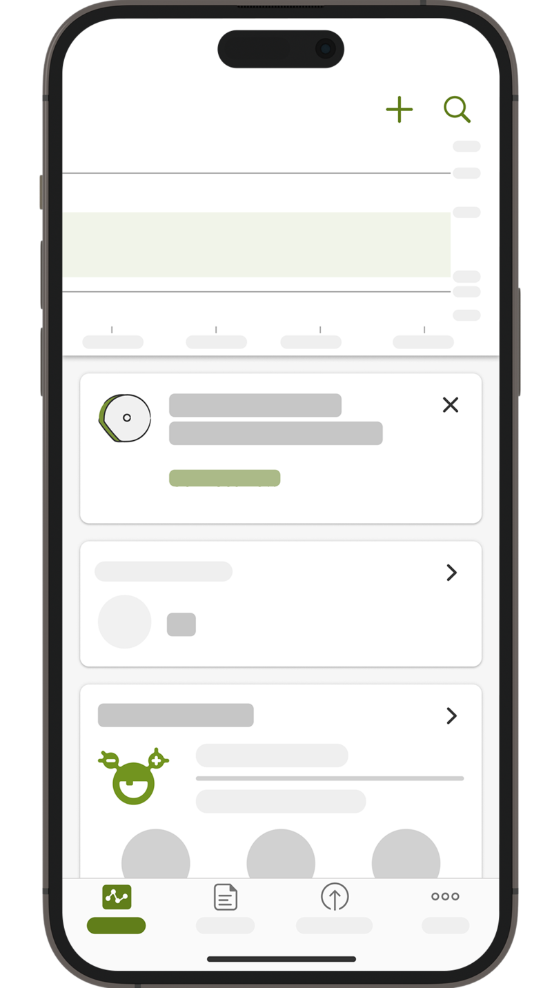 Skærmbillede af mySugr-appens startside, med widget til forbindelse af CGM.