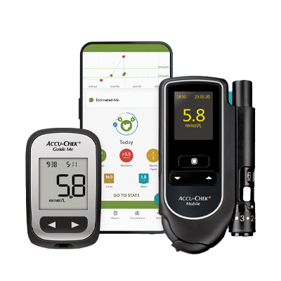 Billedet viser mySugr appen og Accu-Chek blodglukosemetrene Accu-Chek Guide me og Accu-Chek Mobile