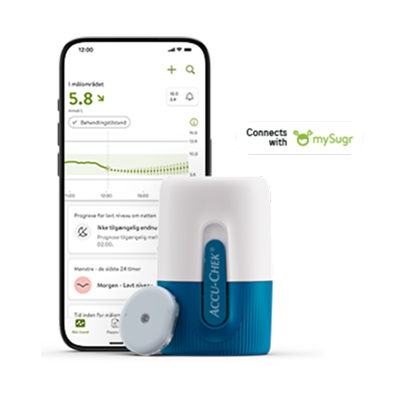 Billede, der forestiller sensoren, applikatoren og en mobiltelefon, som viser CGM-appens skærm