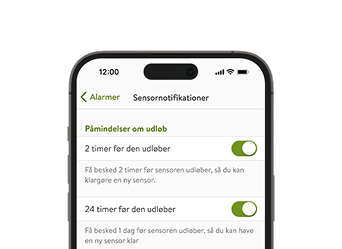 : Skærmbillede af mySugr app med påmindelser om udløb af sensoren.
