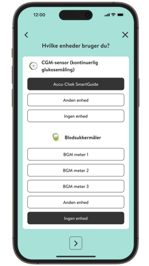 Skærmbillede af mySugr-appens onboarding-proces, vælg insulinenhed.